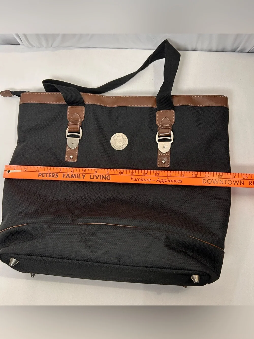 Chaps Black Tote with Brown Trim and Silver Buckle Details